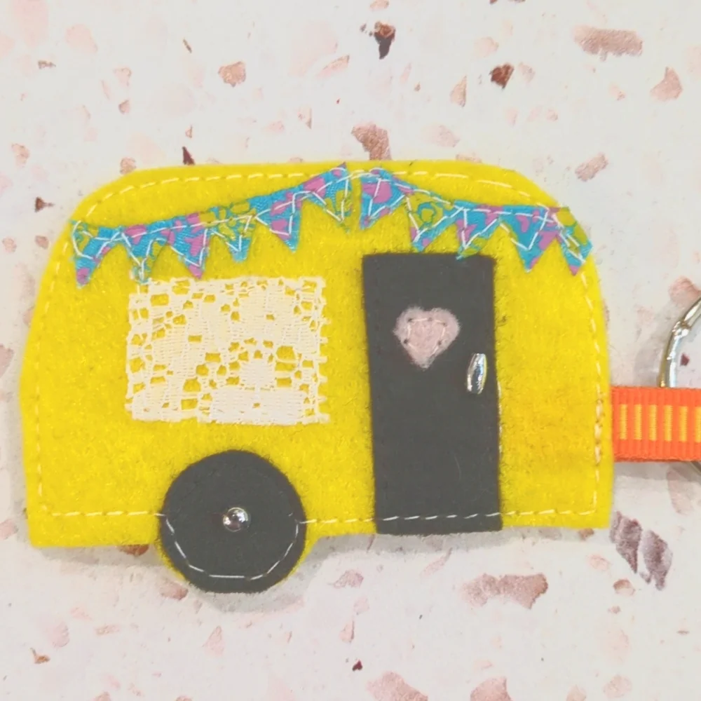 Adventure Awaits Yellow Retro Camper Handcrafted Key Tag | New #1